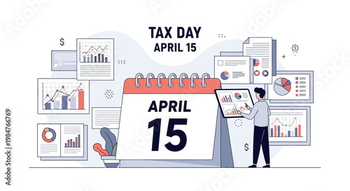 A flat vector illustration shows a person analyzing charts on a tablet, in front of a calendar marked for April 15, indicating tax day with data visualizations in the background