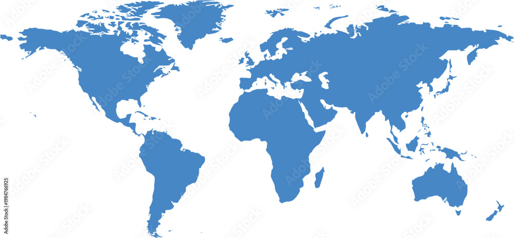 Fototapeta premium Minimal flat world map vector blue continents clean simple design