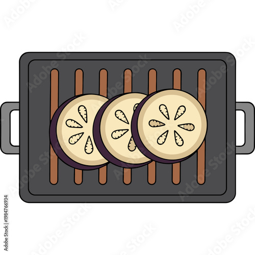 Grilled eggplant slices on a barbecue grill with handles visible
