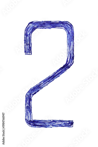 The number two is drawn with a pen and blue ink on a piece of paper.