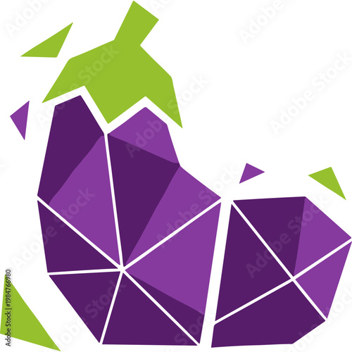 A broken purple geometric object with green fragments scattered around it.