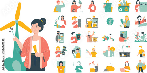 Ecology concept mega set with people scenes, alternative energy and nature protection, flat web design vector illustrations for marketing and social media