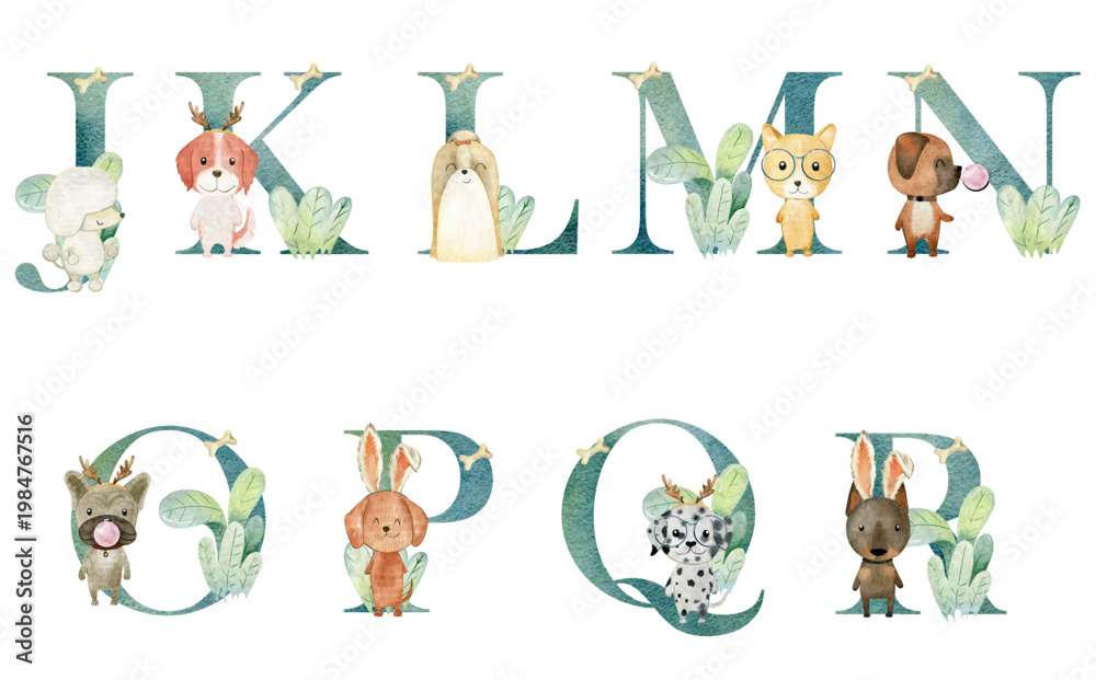 Fototapeta premium Watercolor dogs letters.