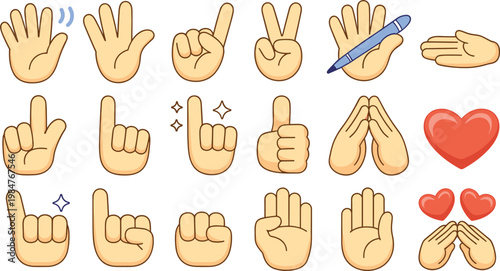 Hand Gesture Icon Set with Cartoon Style Human Fingers Showing Signs Like Peace Victory Love Rock Okay and Communication Symbols Collection
