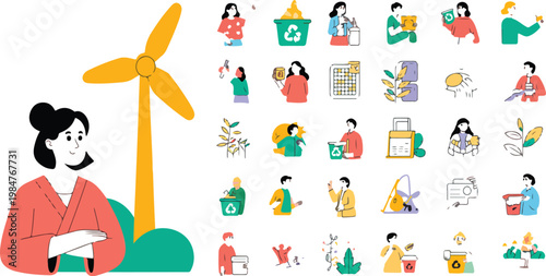 Ecology concept mega set with people scenes, alternative energy and nature protection, flat web design vector illustrations for marketing and social media
