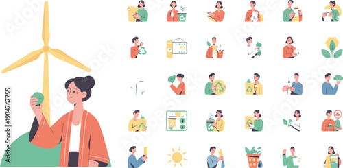 Ecology concept mega set with people scenes, alternative energy and nature protection, flat web design vector illustrations for marketing and social media