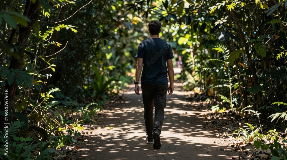 Obraz premium Person Walking Along Scenic Path in Lush Green Jungle Environment