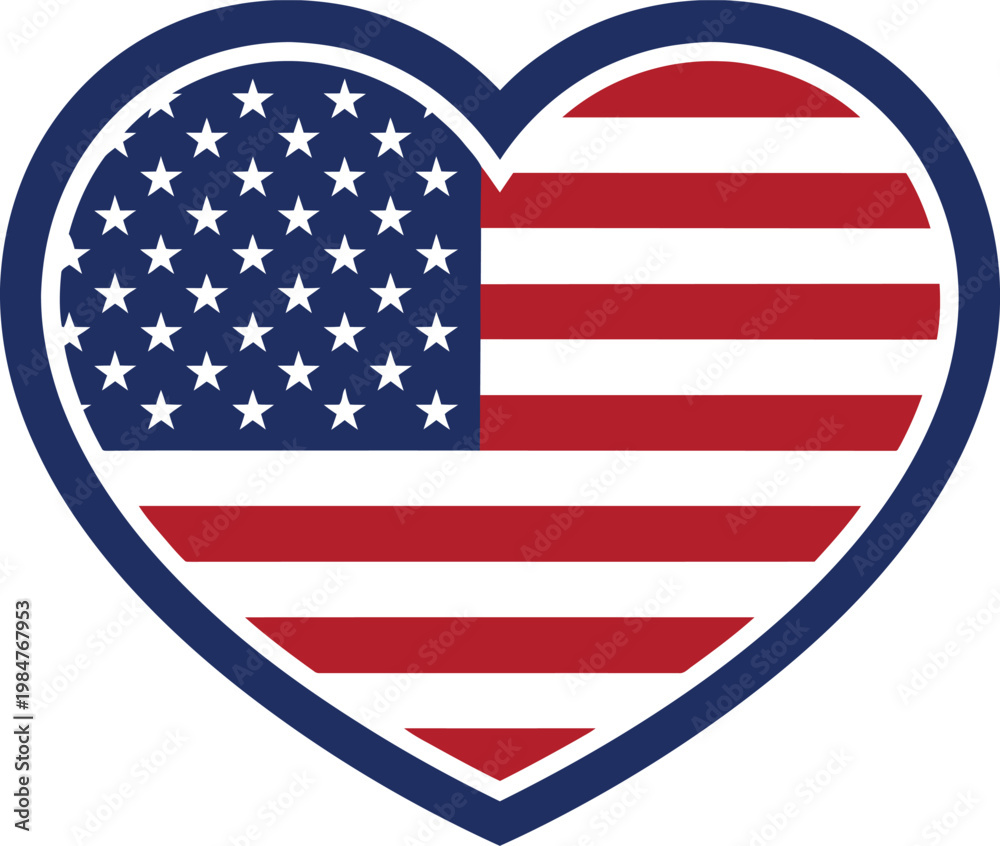 Fototapeta premium United States of America flag pattern inside a heart shape with thick blue outline isolated on white background