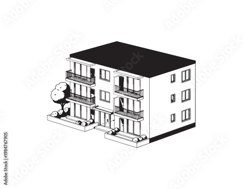 A simple isometric line drawing of a modern apartment building with balconies and potted trees, presented in black and white for architectural visualization and design purposes