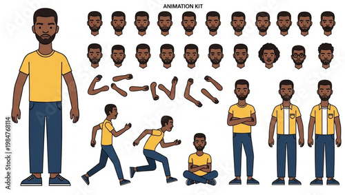 Animated brown man cartoon character set with various poses and expressions