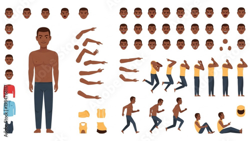 Black Male Character Constructor Vector Kit with Body Parts Poses and Animation Elements