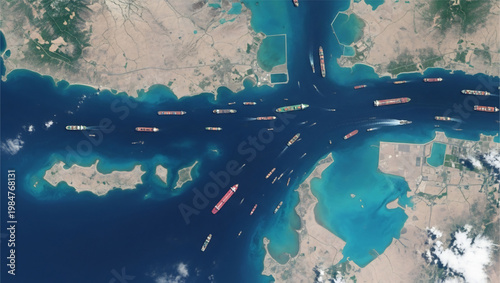 High Angle Satellite View of Strait of Hormuz Strategic Maritime Chokepoint for Global Trade