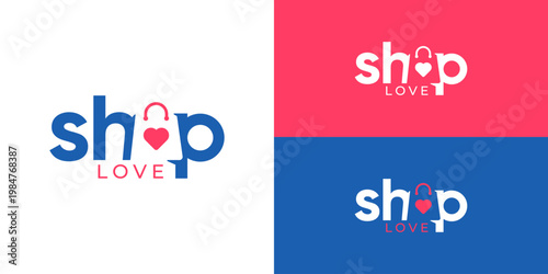 Creative simple shop love logo template. Wordmark shop with negative space shopping bag symbol logo design vector illustration.