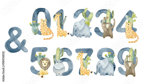 Watercolor animals numbers.