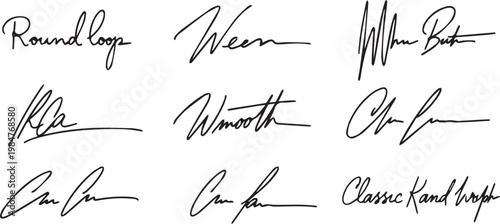 Various handwritten signatures, diverse styles and forms, black ink on transparent grid, representing identity and personal expression.