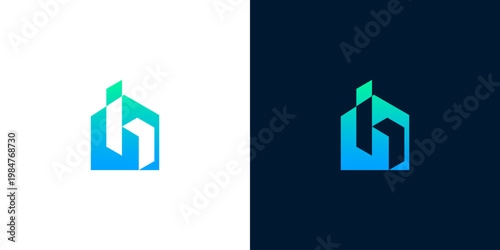 Abstract house logo with letter H design in blue and green gradient on white and dark backgrounds