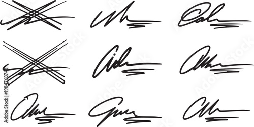 Collection of nine unique handwritten signature graphic elements for artistic design and documentation purposes on transparent background.