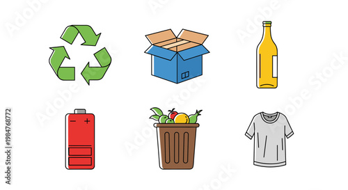 Recycling and Waste Management Icons Set with Battery Bottle Cardboard Box Organic Trash and Clothing Symbols for Ecology and Sustainability Concept