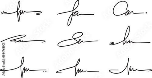 Abstract minimalist signatures with horizontal line extensions and unique calligraphic flourishes for modern professional branding.