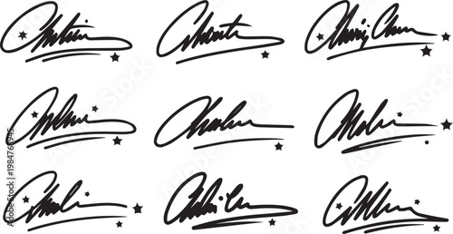 Elegant cursive signatures decorated with star accents and underlines for premium brand identity and celebrity style autographs.