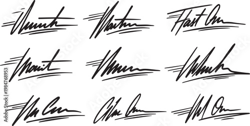 Collection of nine black handwritten signatures on transparent background, diverse styles and shapes, artistic representation of personal identity.
