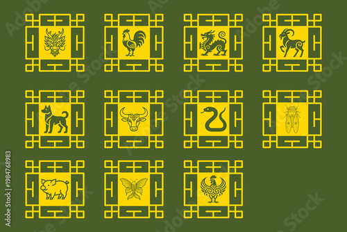 Twelve golden chinese zodiac icons arranged in a grid pattern on a solid dark green background