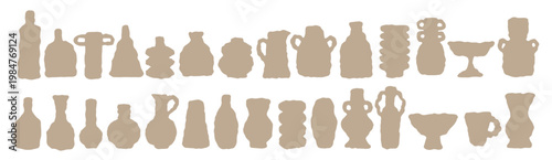 Set of organic abstract ceramic vases silhouette in flat style. Drawn minimalistic ceramic jars. Classic decorative containers shadow