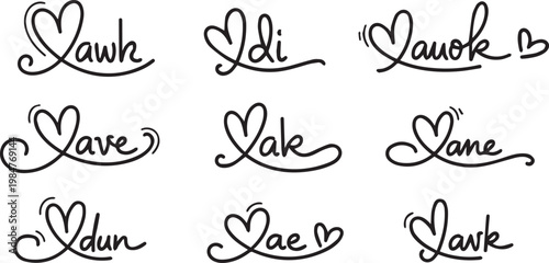 Romantic heart shaped signature collection with cute feminine script for wedding invitations and holiday greeting card designs.