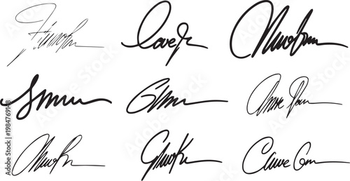 Corporate signature bundle with professional cursive names and flowing script lettering for legal documents and business seals.