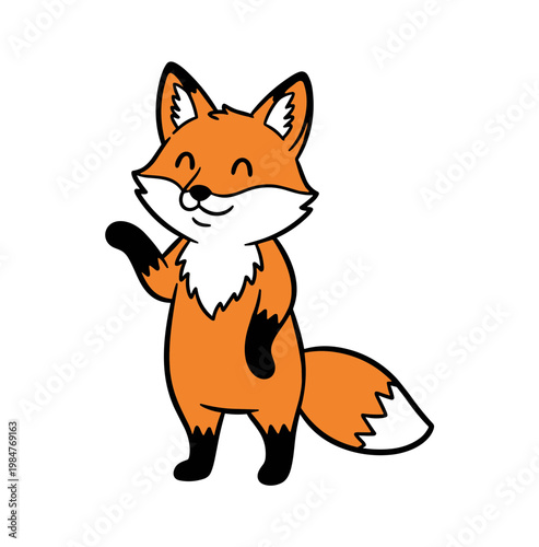 Cute Cartoon Fox Character Standing and Waving Hand Friendly Forest Animal Mascot for Kids Illustration Education and Nature Conservation Graphic Resource