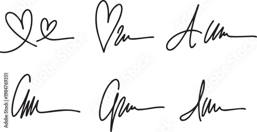 Six black artistic handwritten symbols on transparent checkered background, creative doodles, decorative signature elements, heart shapes.