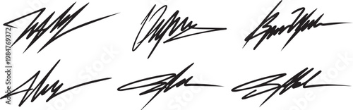 Set of black hand drawn signatures and handwriting scripts on transparent background for document verification and personal identity.