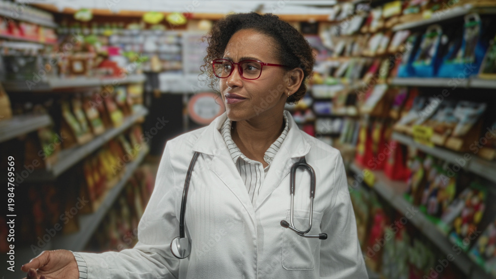 Fototapeta premium Woman doctor with stethoscope points finger to temple in supermarket aisle; thoughtful pondering doubt.