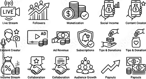 Black line subscription icons set, recurring payment, membership, SaaS and digital services concept, outline vector isolated on white background