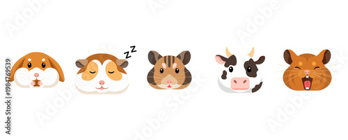 Cute Hamster Guinea Pig and Cow Animal Head Icons Set Isolated on White Background, Funny Cartoon Pet Faces with Different Expressions and Sleeping Pose for Kids Design and Avatar Vector Collection