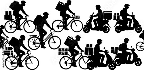 Black silhouettes of delivery couriers riding bikes and scooters, carrying packages, urban gig economy concept isolated on white background