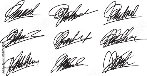 Nine black chaotic handwritten signatures or scribbles on transparent background vector graphic for abstract design.