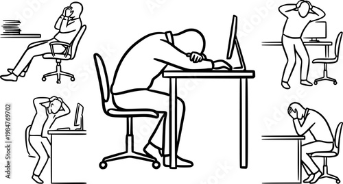 Black silhouettes of office worker burnout, slouched sitting, head on desk, stress and work fatigue poses isolated on white background