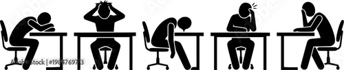 Black silhouettes of office worker burnout, slouched sitting, head on desk, stress and work fatigue poses isolated on white background