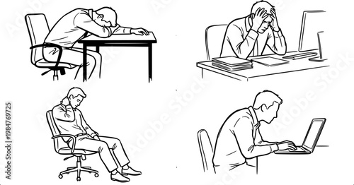 Black silhouettes of office worker burnout, slouched sitting, head on desk, stress and work fatigue poses isolated on white background