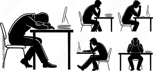 Black silhouettes of office worker burnout, slouched sitting, head on desk, stress and work fatigue poses isolated on white background