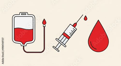 Medical blood donation equipment and red blood drop illustration.