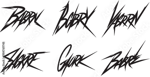 Aggressive metal music logos and sharp edgy handwritten names for band branding and urban streetwear apparel design projects.