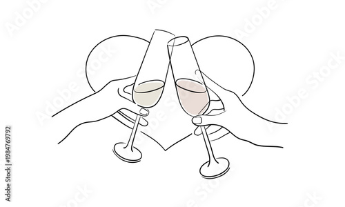 Minimalistic alcohol label design. Continuous line, champagne toast on the heart, outline drawing, continuous line art. Festive decoration for the holidays. Vector illustration.