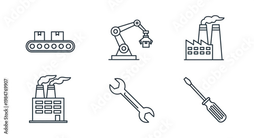 Industrial icons set factory conveyor belt robot arm wrench and screwdriver.