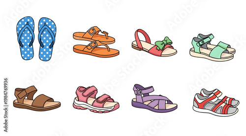 Large Collection of Summer Sandals and Flip Flops Footwear for Beach and Travel, Various Styles of Casual Shoes for Men Women and Kids Fashion Concept Flat Vector Illustration Set