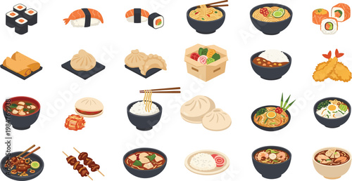 Assorted asian cuisine dishes featuring sushi ramen dumplings and stir fry icons in flat style