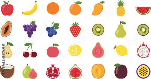 Collection of colorful tropical and garden fruit icons for healthy lifestyle and grocery design