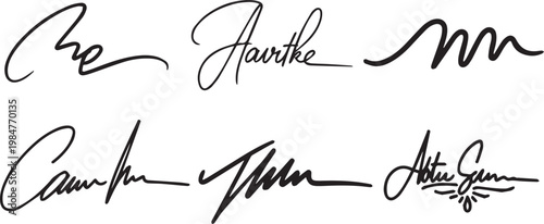 Artistic handwritten signatures with decorative flourishes and creative script lettering for boutique branding and logo design.