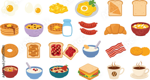 Traditional breakfast meal icons set including eggs pancakes toast and coffee on white surface
